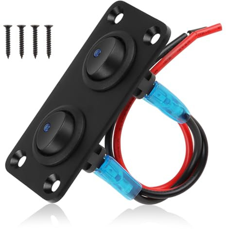 2 Gang Rocker Toggle Switch Panel - 12v-24v Waterproof Round On/Off Button With LED - DC 20A Control - Pre-Wired IP65 Panel for Car, Boat, Truck, Camper, RV