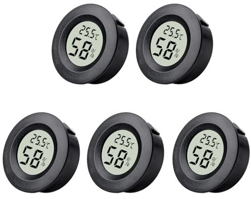 Hygrometer Thermometer Fathers Day Dad Gifts Round LCD Digital Round Temperature Humidity Meter Monitor Gauge for Greenhouse Dehumidifiers Humidifiers Basement Babyroom Home Office (5Pcs Black)