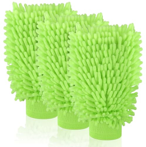 Mkobon 3 Pack Chenille Microfiber Car Wash Mitt, 7 x 9.6 Car Washing Mitts, Home Dusting Gloves, Scratch Free Lint-Free, Highly Absorbent, Double Sided, for Cleaning Detailing Polish (Green)