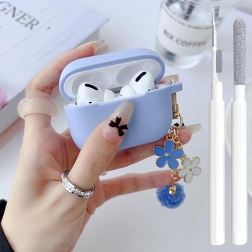 Cute Case for Airpods Pro 3 Cover for Girl Women with Pom pom Flower Keychain & Cleaner Kit, Soft Silicone Protective Skin for Airpods Pro 3rd Generation 2025, SkyBlue