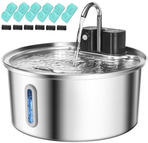 Fontaine à Eau pour Chat, 2,5L en Acier Inoxydable pour Chat et Chien, Pompe à Mise Hors Tension Automatique lumière LED, Fontaine pour Animaux, avec 6 filtres de Rechange