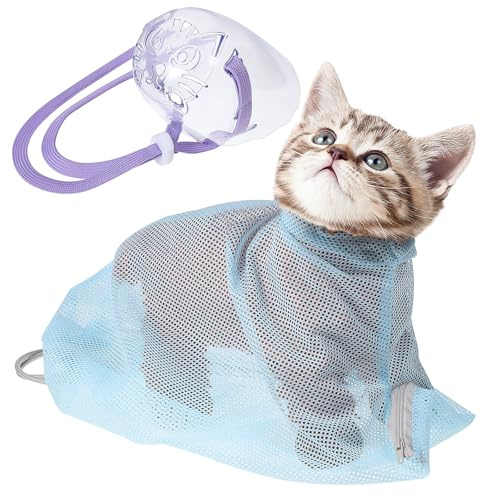 TOPBATHY Verstellbarer Katzenwaschbeutel und Pfotenfreier Nutzung aus Atmungsaktivem Polyester mit Einstellbarem Maulkorb für Baden Trimmen und Injektionen
