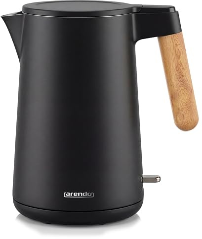 Arendo - Wasserkocher Edelstahl – 1,5 Liter - 2200 Watt – Doppelwand-Design – 360° Controller – BPA-frei – Überhitzungs- und Trockengehschutz - Schwarz Matt - GS geprüfte Sicherheit