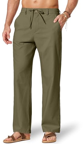 COOFANDY Leinenhose Herren mit Kordelzug Sommerhose Leicht Freizeithose Baumwolle Leinen Hosen mit Taschen Atmungsaktiv