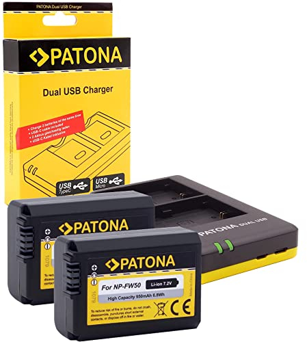 PATONA Dual Ladegerät mit 2X Akku NP-FW50 Kompatibel mit Sony NEX-C3 NEX-F3 NEX-3 NEX-5 NEX-6 NEX-7 DSC-RX10 Mark II III IV Alpha 7 A7 A7S A7R A7II A5000 A6000 A6300 A6400 A6500