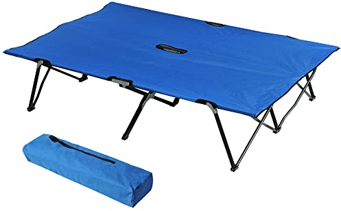 Outsunny Double Camping Bed Camping Cot Foldable Sunbed Outdoor Patio Sleeping Bed Super Light with Carry Bag (Blue)