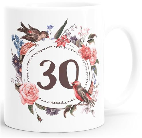 MoonWorks Geburtstags-Tasse 30 dreißig Geschenk-Tasse Kaffee-Tasse Blumen Blüten Blumenkranz weiß Unisize