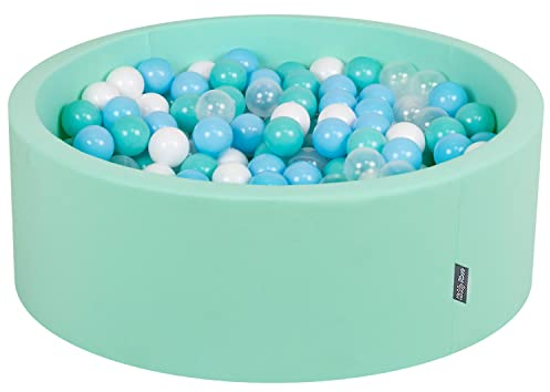 KiddyMoon OK30D-166 Bällebad 90X30cm/300 Bälle ∅ 7Cm Bällepool Mit Bunten Bällen Für Babys Kinder Rund, Mint:Helltürkis-Weiß-Transparent-Baby Blau