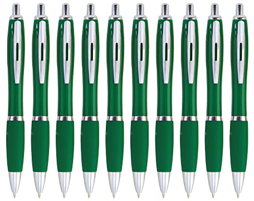 eBuyGB Pack of 10 Ballpoint Pens Blue Ink Retractable Push Button Pen, Green