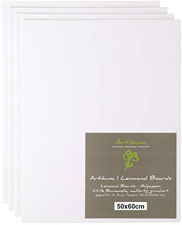 4X Cartone TELATO 50x60 cm | Pannelli in Tela dartista, Cartone da Pittura con Tela, 100% Cotone 280gsm, campitura con Una Preparazione Gesso, Pronto per dipingere