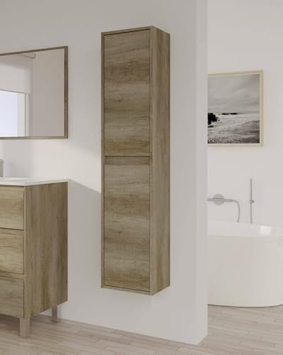 Dmora - Mobile colonna Salinas, Mobile bagno a 2 ante, Armadio pensile sospeso, Mobiletto multiuso moderno, 30x26h140 cm, Quercia