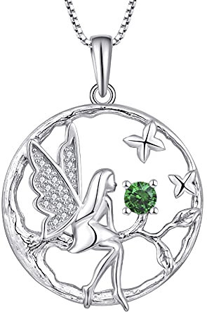 FJ Collier Femme Collier Ange Gardien Argent Sterling 925 Pendentif Arbre de Vie Collier Papillon Fée Elfe Pierre de Naissance Mai Collier Émeraude Cadeaux de Bijoux pour Femme Fille