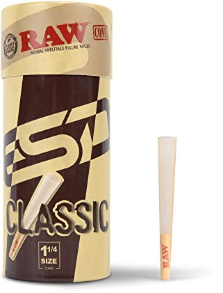 RAW Cones Pre Rolled 1-1/4 Size Classic | 100 Pack | Natural Pre Rolled Rolling Paper with Tips & Packing Sticks Included