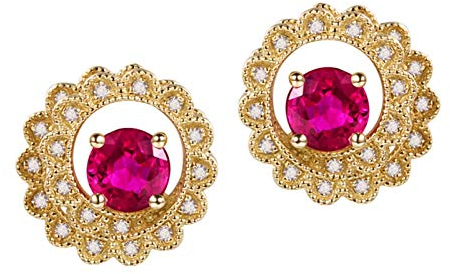 Damenohrringe 18K Gelbgold, Blumen-Ohrstecker, Ohrringe für Damen mit Rubin Gold