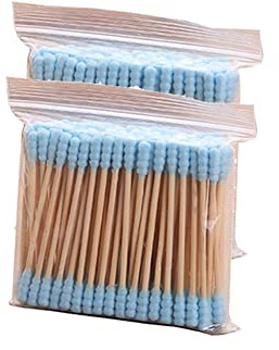 JIHUOO 200 Stück Hölze Griff Baumwoll Tupfer Ohrreinigung Wattestäbchen Doppelkopf Baumwoll Tupfer Make Up Wattestäbchen Baumwollknospen Blau