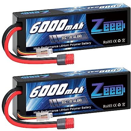 Zeee 2S Lipo Battery 6000mAh 7.4V 80C Hard case Battery with Deans T Plug for 1/8 and 1/10 RC Vehicles Car RC Buggy Truggy RC Airplane UAV Drone FPV 2 PACK