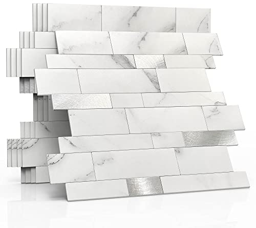 M MOFIT 3d Selbstklebende Wandfliesen Küche,Matte Marmor Mosaikfliesen Selbstklebend Steinoptik Metro Fliesen Ziegel Wandaufkleber Bad Wasserdichte(10 Matten,Weiß)