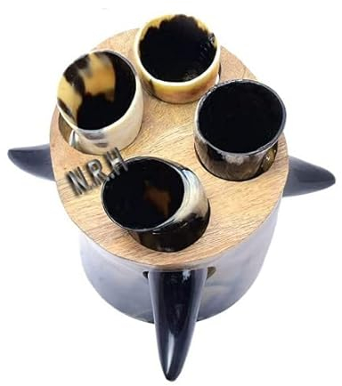 Boccale da bere in corno fatto a mano con boccale per bevande, bevande fredde e birra, regalo per uomini e donne (set da 4 con supporto comune)