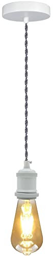 LEDSone Vintage E27 Pendant Light Fitting – Black and White Twisted Braided Cable Ceiling Lamp Holder Kit for Indoor Hanging Lighting in Kitchen, Dining Room, Bar, Café, Loft