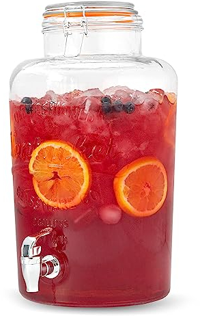Ilyapa Distributeur de boissons en verre de 7,6 litres – Distributeur de boissons Mason Jar à large ouverture – Robinet en acier inoxydable 100 % étanche avec couvercle rabattable en verre