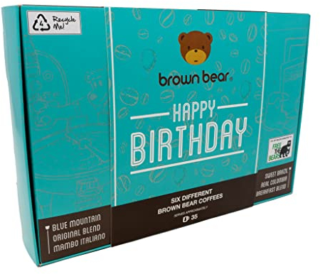 Happy Birthday Ground Coffee Gift Box Set for Coffee Lovers - For French Press Cafetiere Filter Drip V60 Aeropress – Brown Bear - 6 Blends in 1 Pack For Him & Her - Light Medium Dark Roast Strength