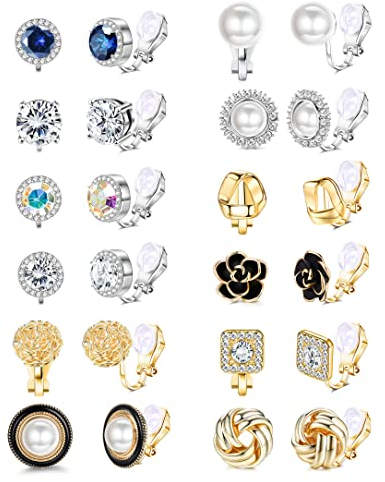 JeweBella 12 Paar Ohrclips Damen Mädchen Clip Ohrringe Ohne Ohrloch Perlen Zirkon Blumen Hypoallergene Ohrclips für Ohne Ohrlöcher Fake Ohring Sets Gold Silber für Frauen