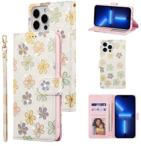 UEEBAI Wallet Case for iPhone 14 6.1 inch, PU Leather Phone Case Kickstand RFID Blocking Flip Case with Card Slots Wrist Strap Relief Engraved Pattern Magnetic Closure Folio Case - White Daisy