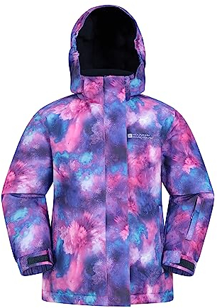 Mountain Warehouse Snowdrop bedruckte Kinder Skijacke - wasserdicht, integrierte Schneefang, abnehmbare Kapuze - für Snowboarding, Wintersport Galaxy Violett Kinder 128 DE (7-8 Jahre)