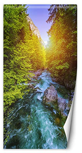 Feeby Türtapete selbstklebend Berge Strom Kaskade 100x210 cm Türposter Türsticker Fototapete Wohnzimmer Schlafzimmer Kinderzimmer Büro Bäume Wald Natur Grün