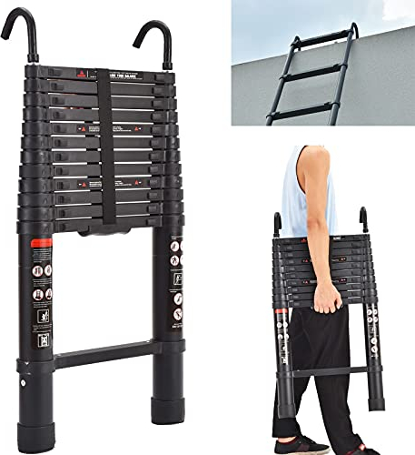 BRIEFNESS Teleskopleiter mit abnehmbarem Haken, Aluminiumleiter, robust, ausziehbar, Mehrzweckleiter, 150 kg Kapazität, EN131, Sicherheitsgeprüft, Schwarz