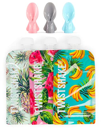 Twistshake Babynahrungsbeutel 220 ml + Löffel – 3er-Set | Wiederverwendbare Babynahrungstasche mit doppeltem Reißverschluss | BPA-freier Fill n Squeeze Baby-Entwöhnungsbeutel | Gefrierschranksicher