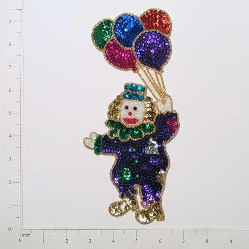 Expo International Clown mit Luftballons Pailletten lila große Aufnäher/Applikationen, mehrfarbig