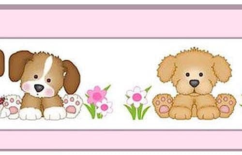 Melody Jane Dolls House Nursery Wallpaper Border Puppies Pink 1:24 1/2in Miniature Print