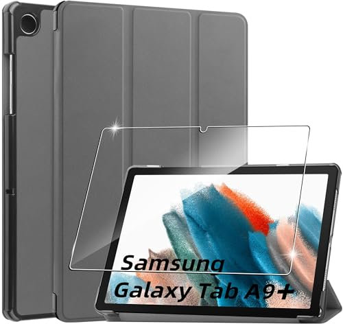 Cover per Samsung Galaxy Tab A9+/A9 Plus custodie+1 Pezzi Vetro Temperato,Gomma Protezione Protettivo,Ultra Sottile Antiurto Anti-Graffio TPU Flessibile Case-Grey