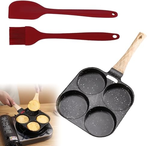 Nizirioo Sartén Antiadherente para Huevos Fritos y Tortitas Con 4 Orificios - Incluye Pincel de Aceite de Silicona y Espátula - Para Hamburguesas