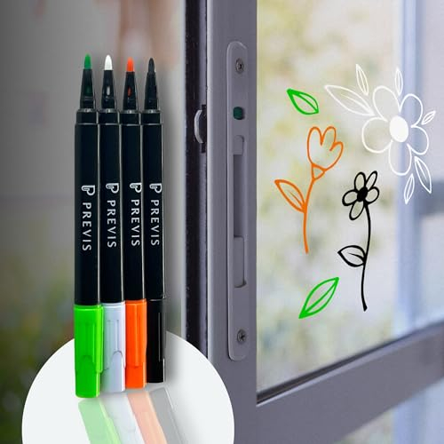 PREVIS Feutre pour Verre Effacable - 4 Stylo Craie pour Vitre à Pointe Fine (Blanc, Noir, Orange et Vert) - Marqueur Craie Fenetre - Idéal pour créer des œuvres d'art Vibrantes