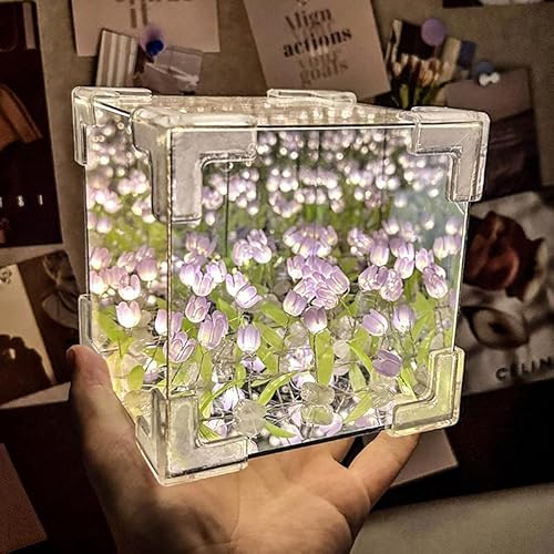 EONANT Tulip Spiegel Nachtlicht 20-Blumen, Würfel Tulpe Blume Meer Nachtlicht und Spiegel 2-in-1 Schlafzimmer LED dekorative Tischleuchte, kreative Geschenke für Mädchen, Freunde (Lila)