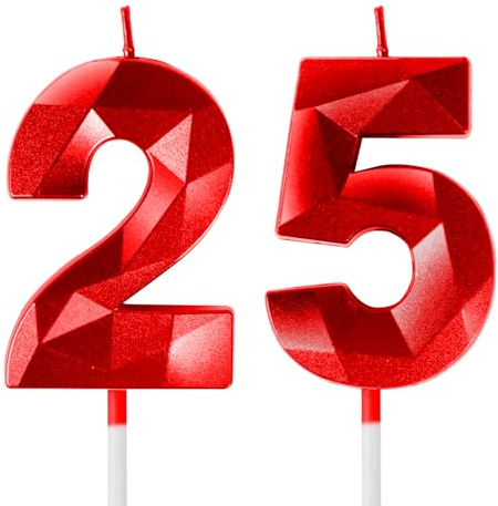 Yiran Red 25th Birthday Number Candles, 3D Design Cake Topper Decor for Boy Girl Women Men Birthday Theme Party Weddings Anniversary Celebration Supplies