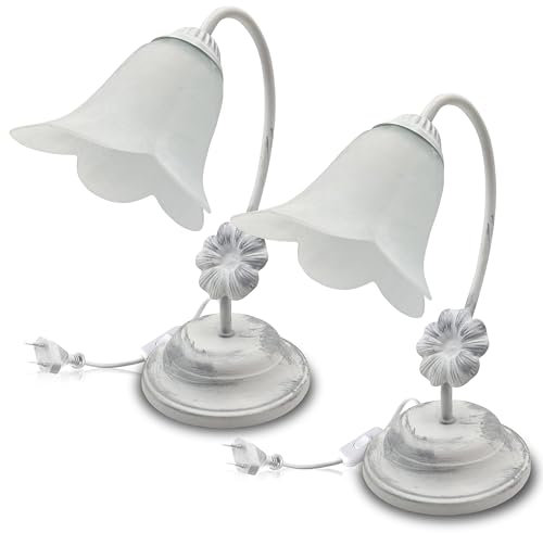 MAKA Lampada da Tavolo Vintage E14 (lampadina non inclusa) Luce Comodino Scrivania in Metallo Spazzolato Foglie Paralume in Vetro Artigianale Soggiorno Camera (2x Lampada Shabby)