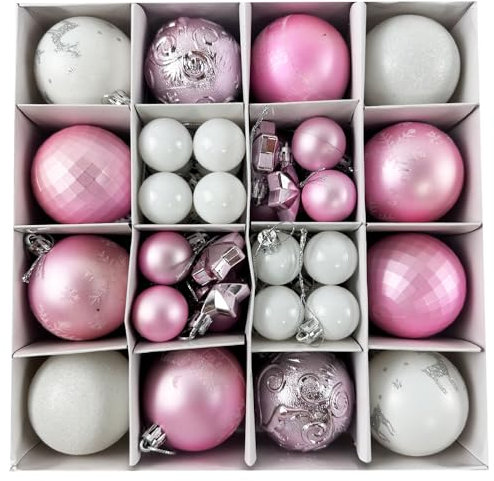 Lot de 44 boules de Noël incassables à suspendre pour sapin de Noël, couronne, guirlande, boules roses et blanches