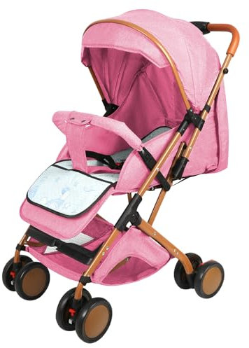 Poussette 3 en 1, Poussette Canne, Trio, Poussette Bebe, Landau Bébé, Accessoires, Adaptateurs Universels, Grandes Roues, 25kg, panier spacieux-B-rose