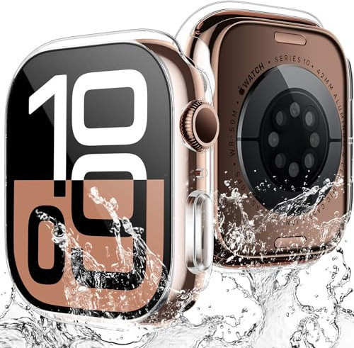 TAURI 2 Pezzi Cover per Apple Watch Series 11/10 42mm, [Certificazione IP67 Impermeabile] con Protezione in Vetro Temperato 9H, [Completa] Custodia Protettiva Sottile 42mm-Trasparente