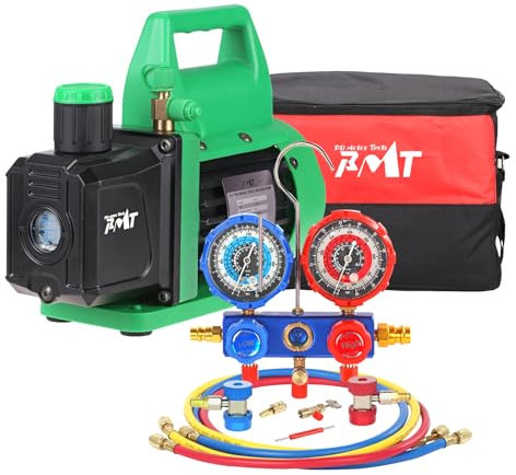 PB Motor Tech Vacuum Pump & Gauge Set - 4.5 CFM Pump w/Aluminum Manifold Gauge, Quick Couplers, 410 Adapter, Can Tap Tool & Carrying Tote, for R134A, R410A, R22, R404A Refrigerants & A/C Maintenance
