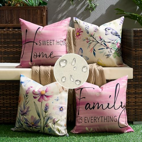 4er Set Kissenbezug 45x45 cm Kissenbezüge Wasserfest Frühling Sommer Sofakissen Bauernhaus Dekokissen Leinen Kissen Blumen und Vögel Decor Kissenhülle für Outdoor Balkon Terrasse Patio Garten, Rosa