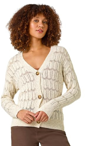 Roman Originals Stitch Detail Button Through Knit Cardigan for Women UK - Ladies Everyday Holiday Spring Summer V-Neckline Comfy Soft Evening Vacation Work Party - Beige - Size 16