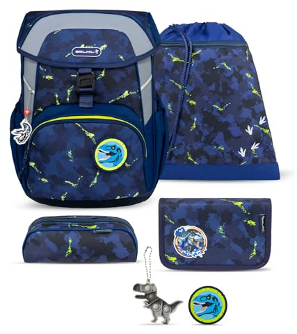 Belmil Compact Schulranzen Set 5 teilig mit extra Schlüsselanhänger oder extra Brustgurt (405-83AGS GRAT) (T-Rexy)