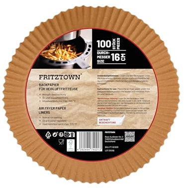 FRITZTOWN Air Fryer Lot de 100 feuilles de papier sulfurisé antiadhésif pour friteuses à air chaud 16 cm Compatible avec Ninja Cosori, Philips, Cecotec, Midea, Russell, Hobbs XL XXL Airfryer