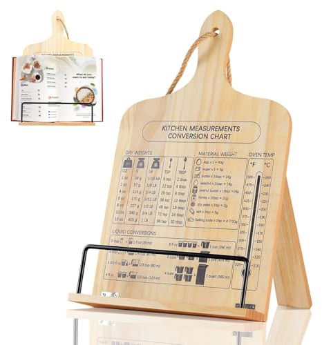 comfoyar Cookbook Stand for Kitchen, Wooden Recipe Book Holder with Measurement Conversion Chart, Foldable Cook Book Stand for Display Reading, Hangable, Gifts for Women Mom Wife Friends