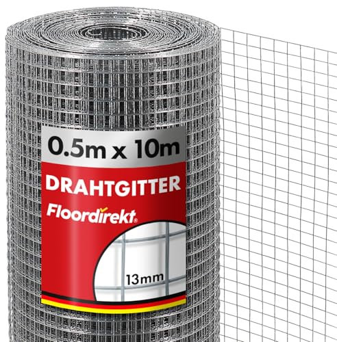 Floordirekt Volierendraht Drahtgitter feinmaschig 50cm hoch x 10m lang Hochbeet 4-Eck Drahtgeflecht, Nagergitter, Vogeldraht, Volierengitter, Gitterdraht, Drahtzaun verzinkt Maschen-Weite 13x13mm