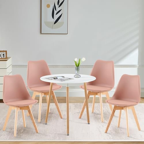 LafeuR Ensemble de salle à manger avec 4 chaises - Table ronde de 80 cm - Pour salon, bureau, cuisine - Table blanche + 4 chaises roses